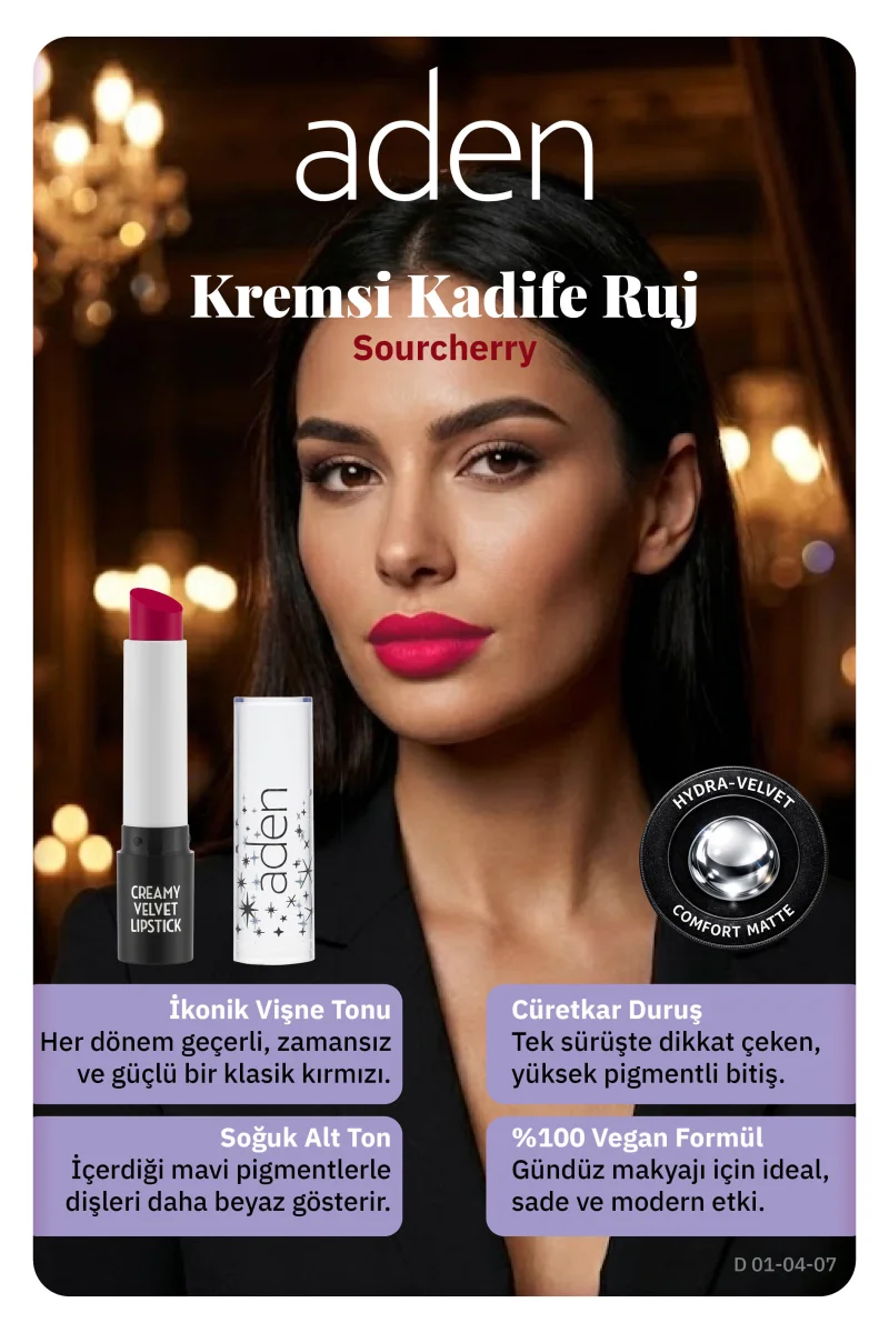 Aden Creamy Velvet Lipstick - Kremsi Kadife Ruj 07 Sourcherry(Vişne)