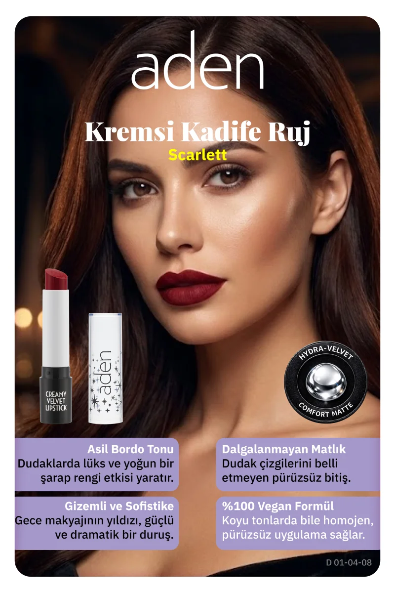 Aden Creamy Velvet Lipstick - Kremsi Kadife Ruj 08 Scarlett(Kızıl)