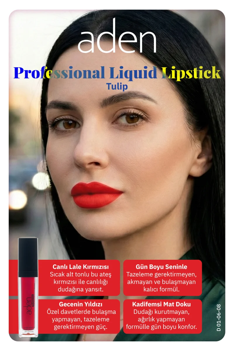 Aden Professional Liquid Lipstick - Profesyonel Likit Ruj 08 Tulip(Kırmızı)