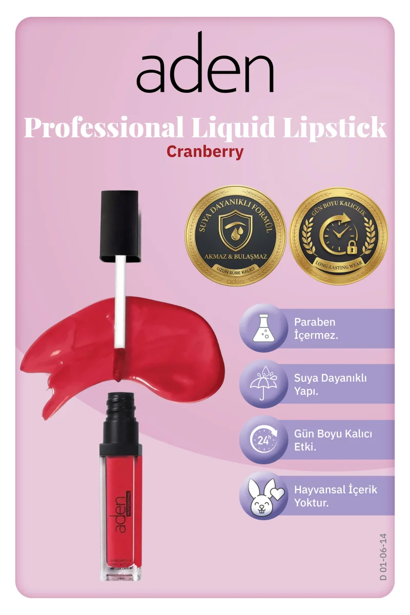 Aden Professional Liquid Lipstick - Profesyonel Likit Ruj 14 Cranberry(Kızılcık)