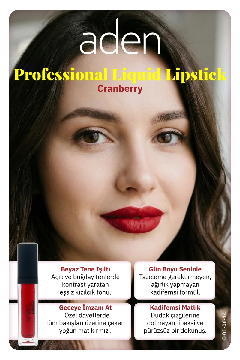 Aden Professional Liquid Lipstick - Profesyonel Likit Ruj 14 Cranberry(Kızılcık)