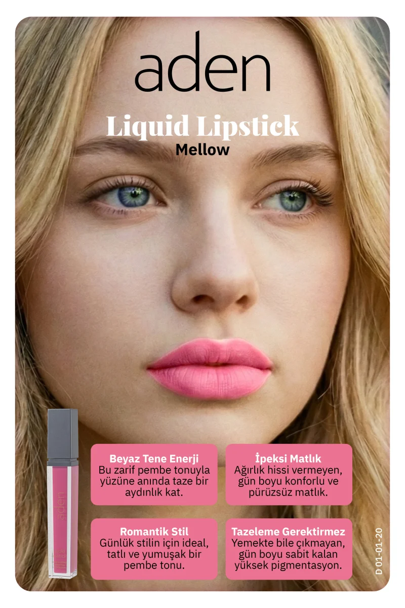 Aden Liquid Lipstick - Likit Ruj 20 Mellow(Şeker Pembe)