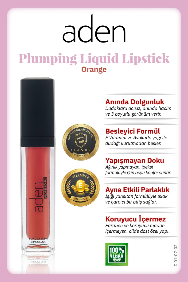 Aden Plumping Liquid Lipstick - Dolgunlaştırıcı Likit Ruj 02 Orange(Turuncu)