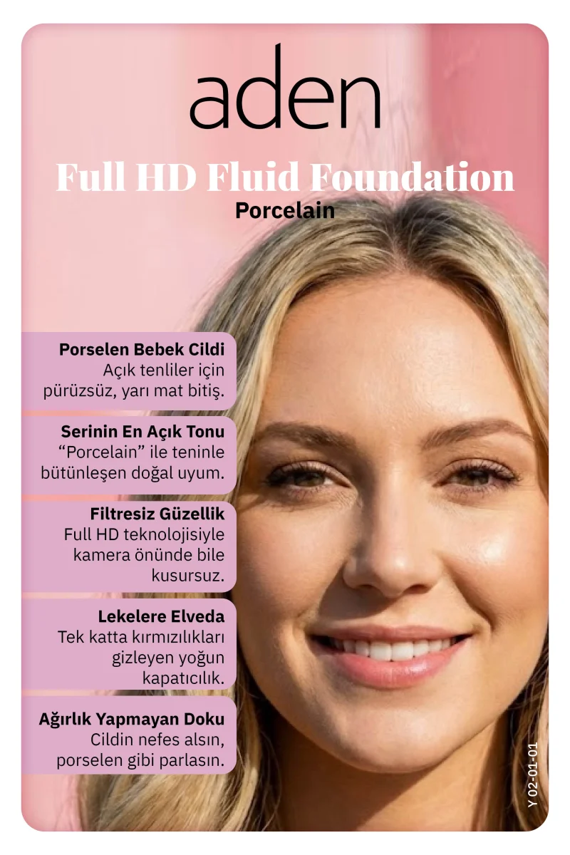 Aden Full Hd Likit Fondöten 20 Ml - 01 Porcelain(Porselen)