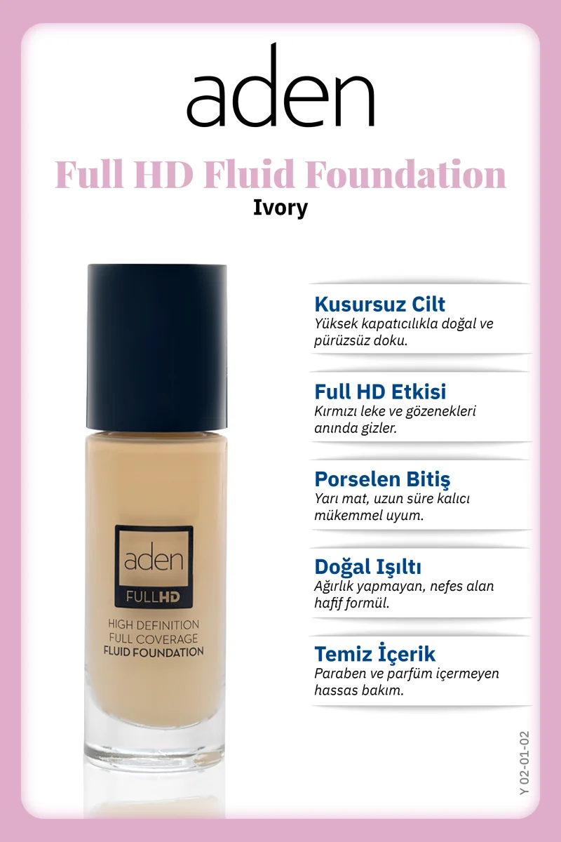 Aden Full Hd Likit Fondöten 20 Ml - 02 Ivory(Fildişi)
