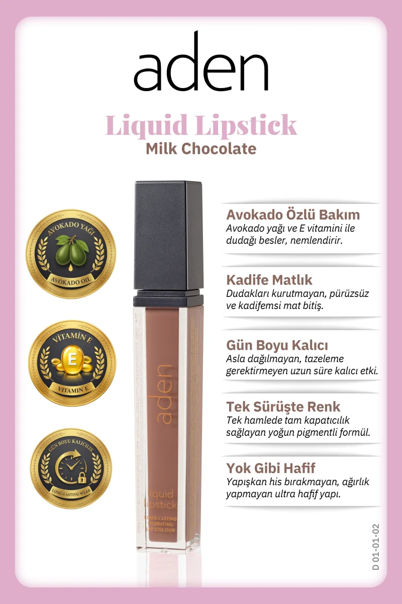 Aden Liquid Lipstick - Likit Ruj 02 Milk Chocolate(Sütlü Çikolata)