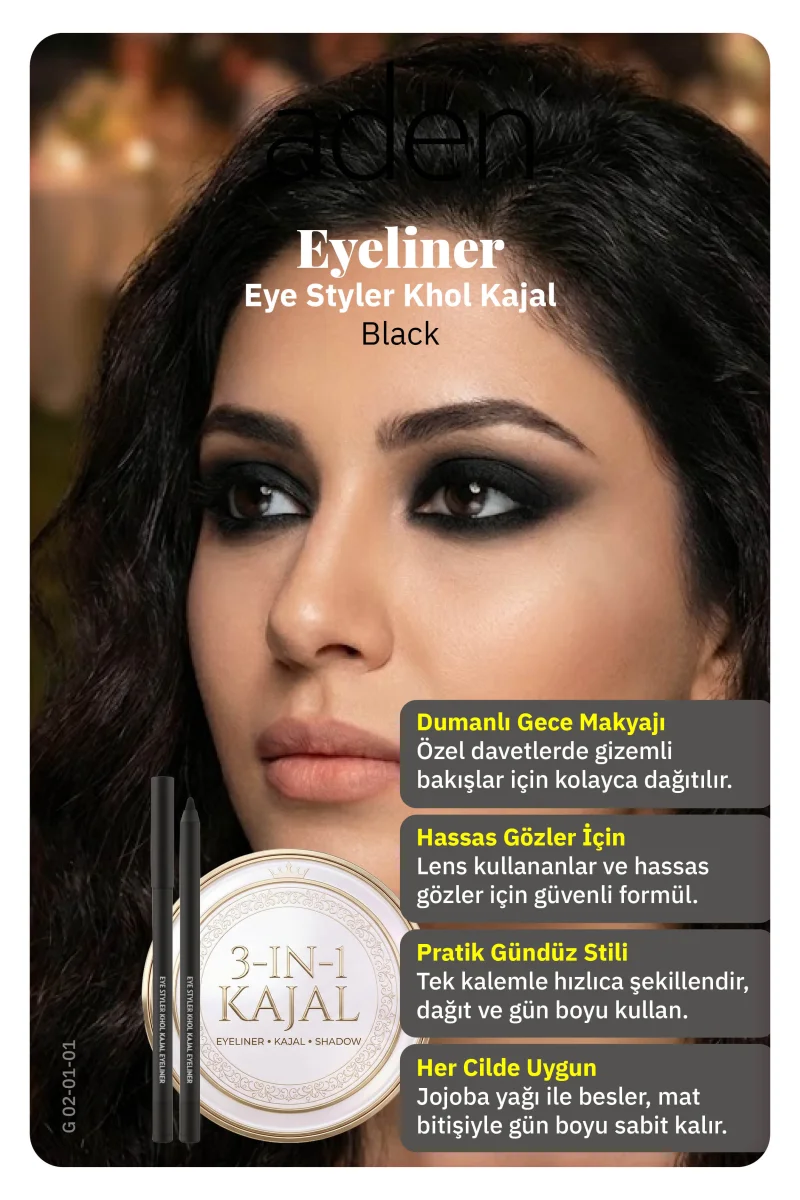 Aden Eyeliner Eye Styler Khol Kajal - Kajal Eyeliner 01 Black(Siyah)