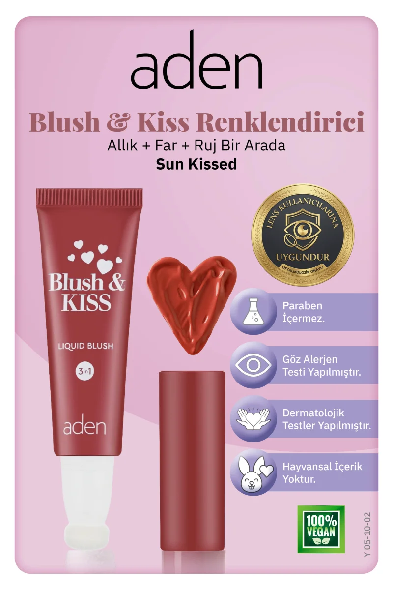 Aden 3in1 Blush & Kiss 02 Sun Kissed(Güneş Öpücüğü)
