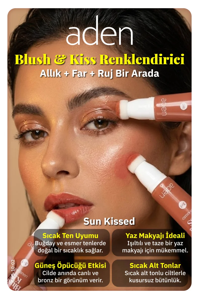 Aden 3in1 Blush & Kiss 02 Sun Kissed(Güneş Öpücüğü)