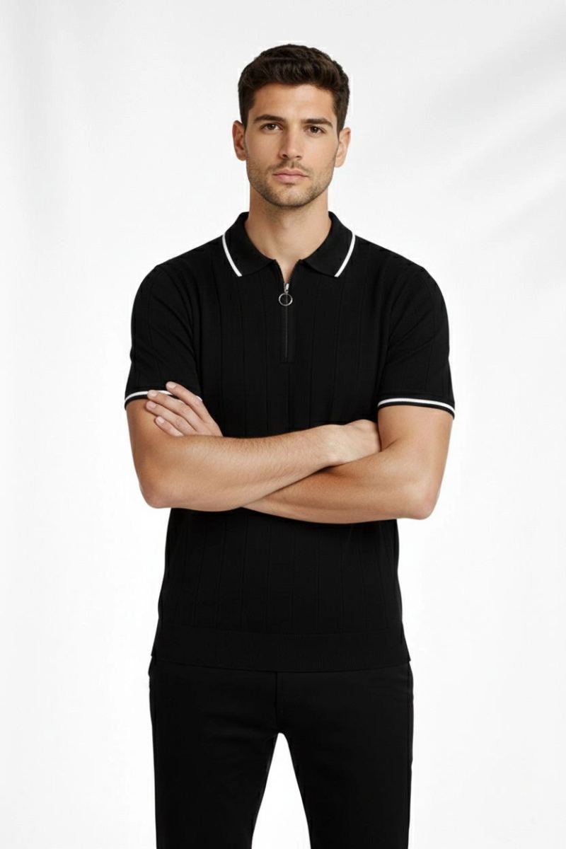 Erkek Triko Tişört Fermuarlı Polo Yakal Yazlık Kısa Kol T-Shirt 2’li Set Bej-Siyah