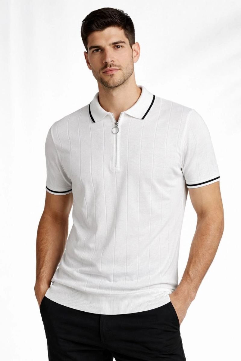Erkek Triko Tişört Fermuarlı Polo Yaka Kısa Kol T-Shirt 3’lü Set Beyaz-Haki-Siyah