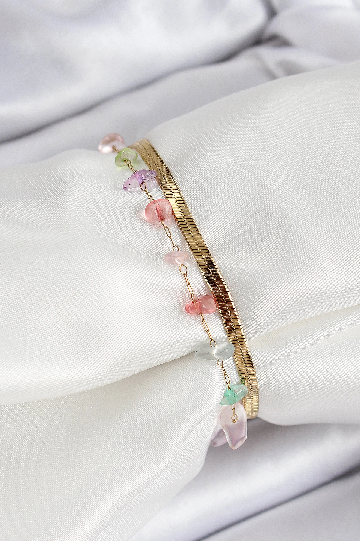 316L Çelik Gold Renk Kristal Karışık Renkli Taşlı Kadın Bileklik