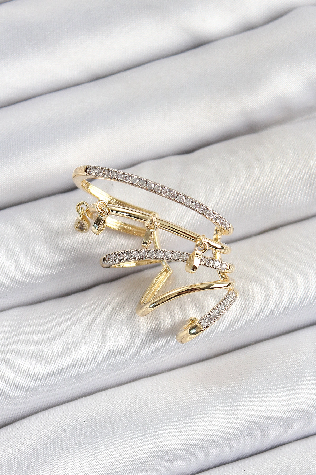 Pirinç Zirkon Taşlı Sıkıştırma Sağ Kıkırdak Gold Renk Kadın Küpe