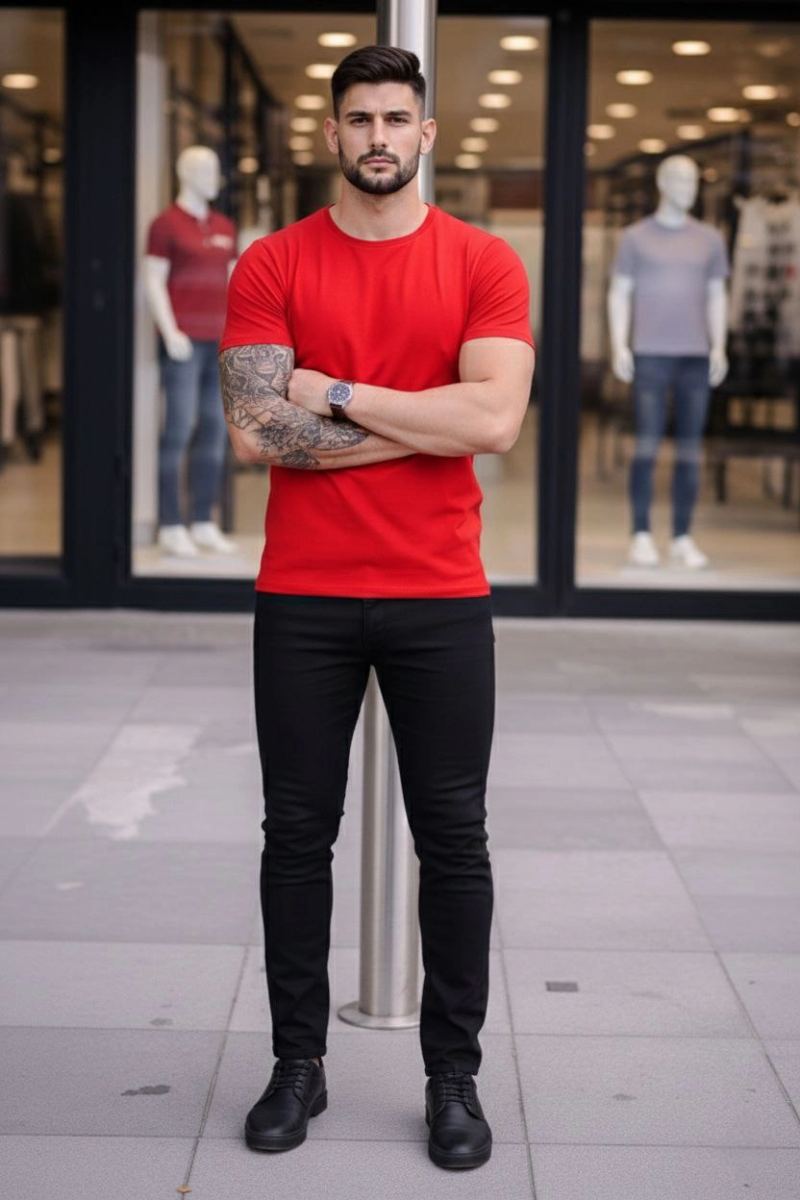 Erkek Body Tişört Bisiklet Yaka Slim Fit Likralı T-Shirt - Kırmızı