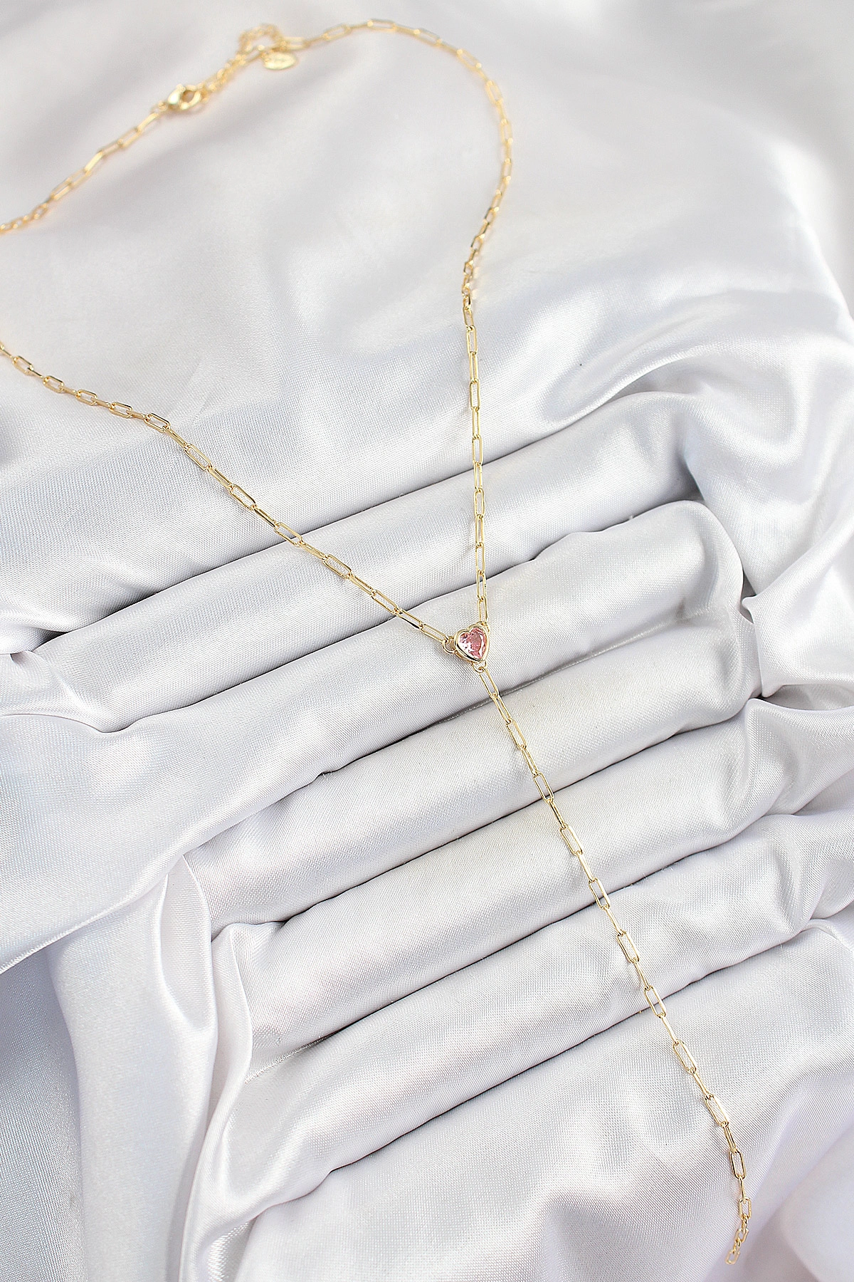 Pirinç Zirkon Taşlı Pembe Kalp Figürlü Y Model Gold Renk Kadın Kolye