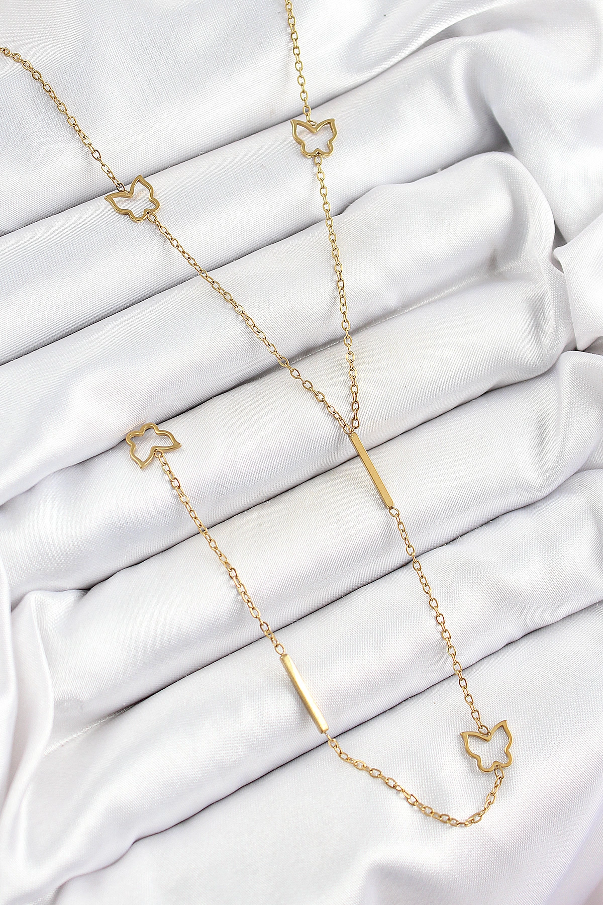 316L Çelik Kelebek Figürlü Y Model Gold Renk Kadın Kolye