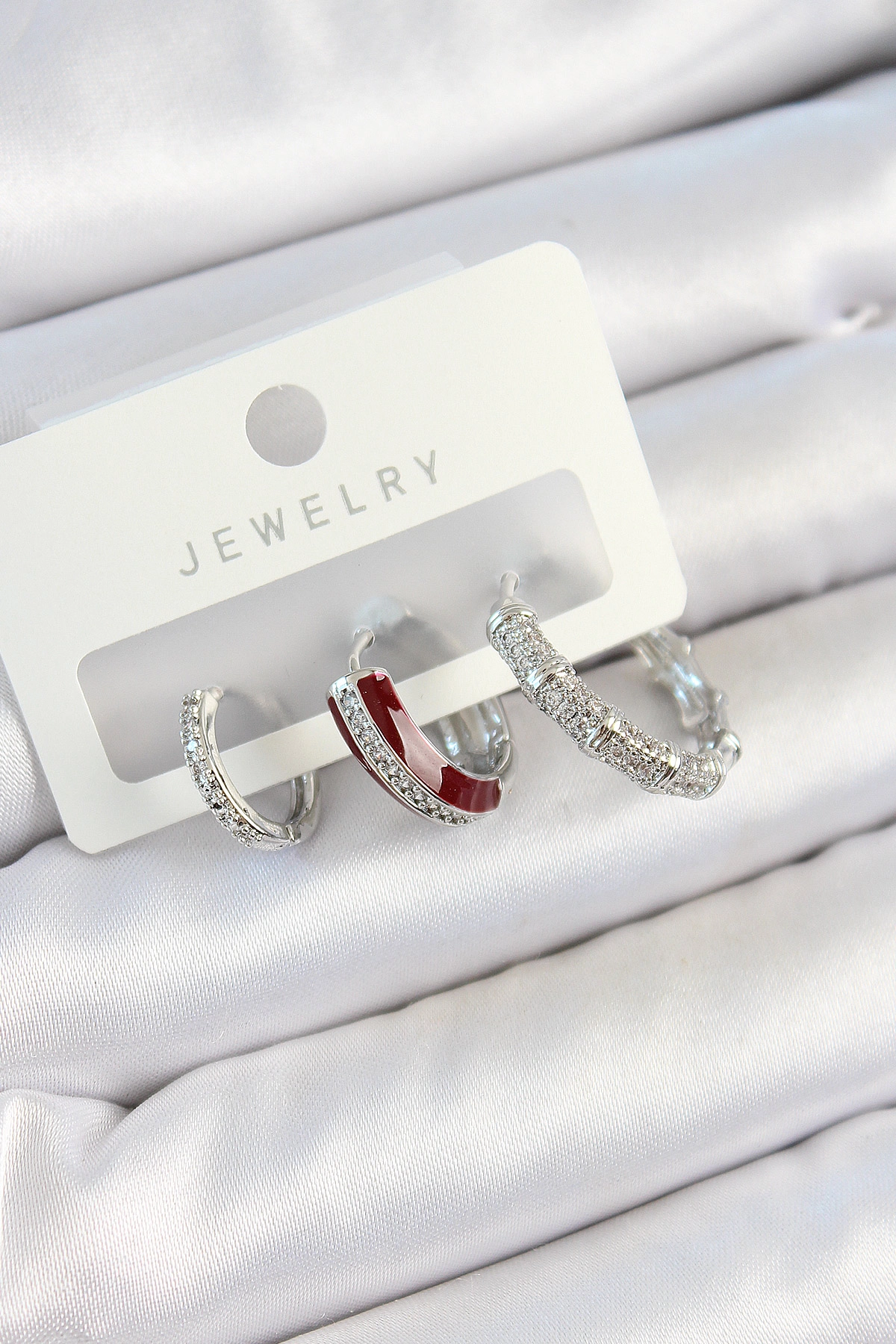 Pirinç Zirkon Taşlı Bordo Pembe Halka Model Gümüş Renk 3'lü Çift Kadın Küpe Set