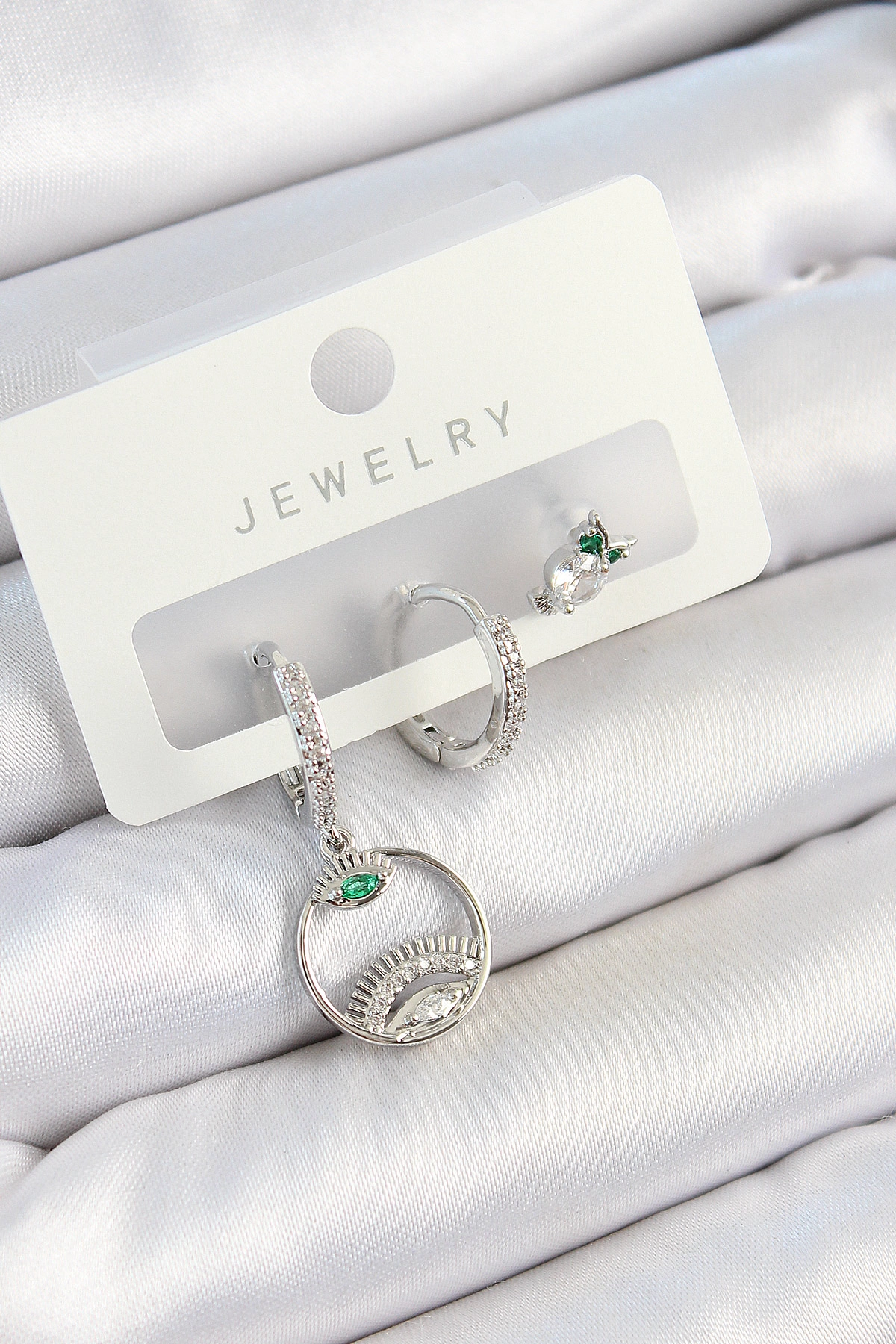 Pirinç Zirkon Taşlı Göz Ve Baykuş Model Gümüş Renk 3'lü Çift Kadın Küpe Set