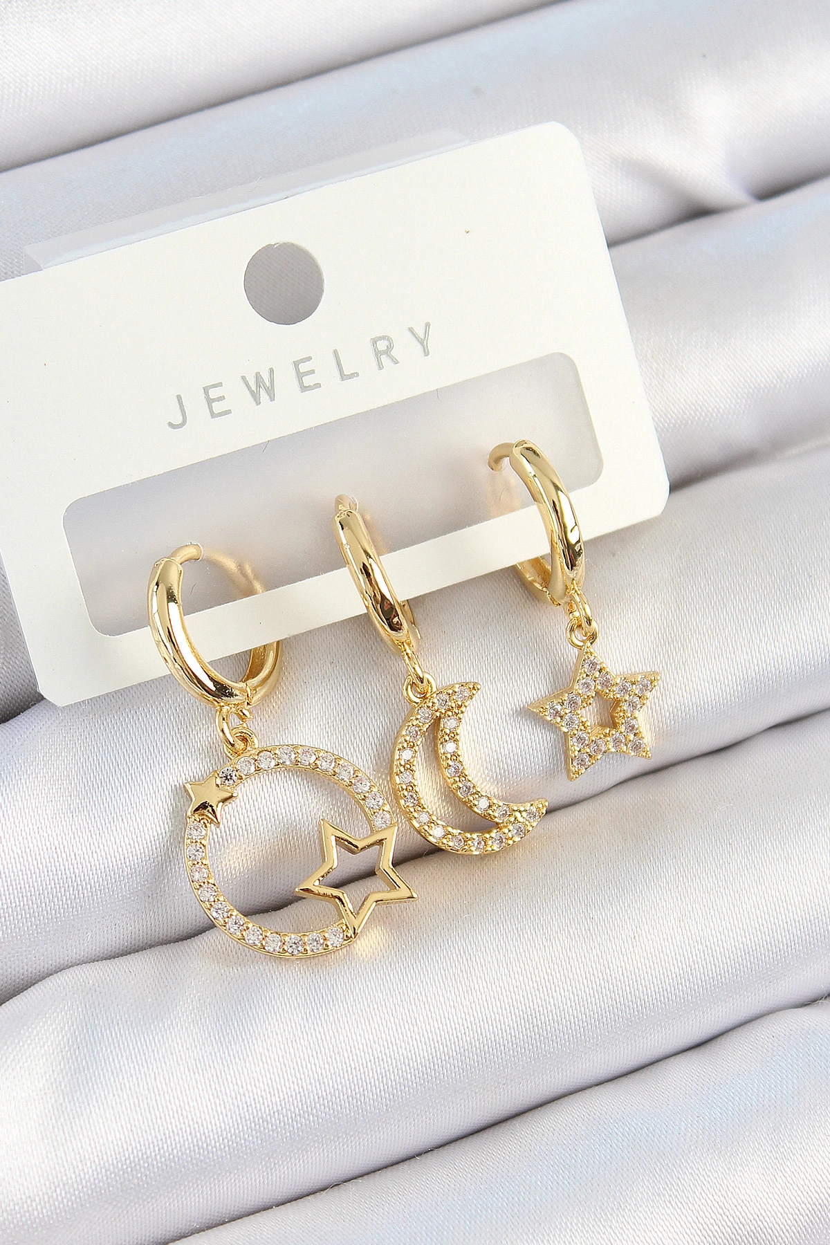 Pirinç Zirkon Taşlı Yıldız Ve Ay Model Gold Renk 3'lü Kadın Küpe Set