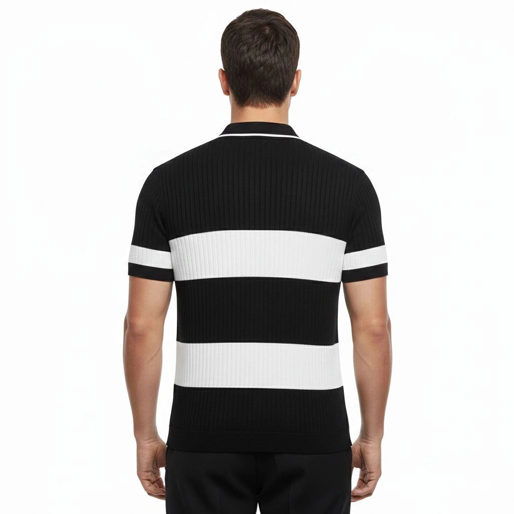 Erkek T-shirt Çizgili Triko Kumaş Polo Yaka Yarım Fermuarlı Kısa Kol Tişört - Siyah