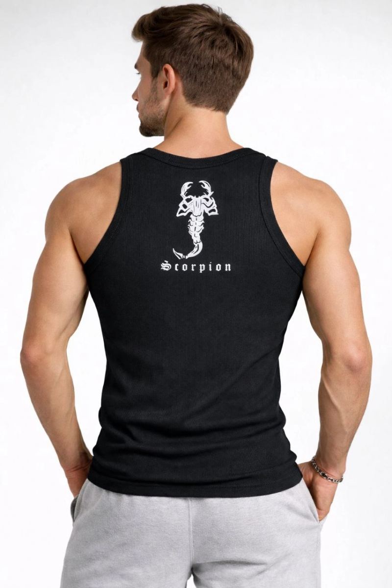 Erkek Spor Slimfit Fitilli Kaşkorse Arka Basklı Atlet 2'li Set Siyah-Beyaz