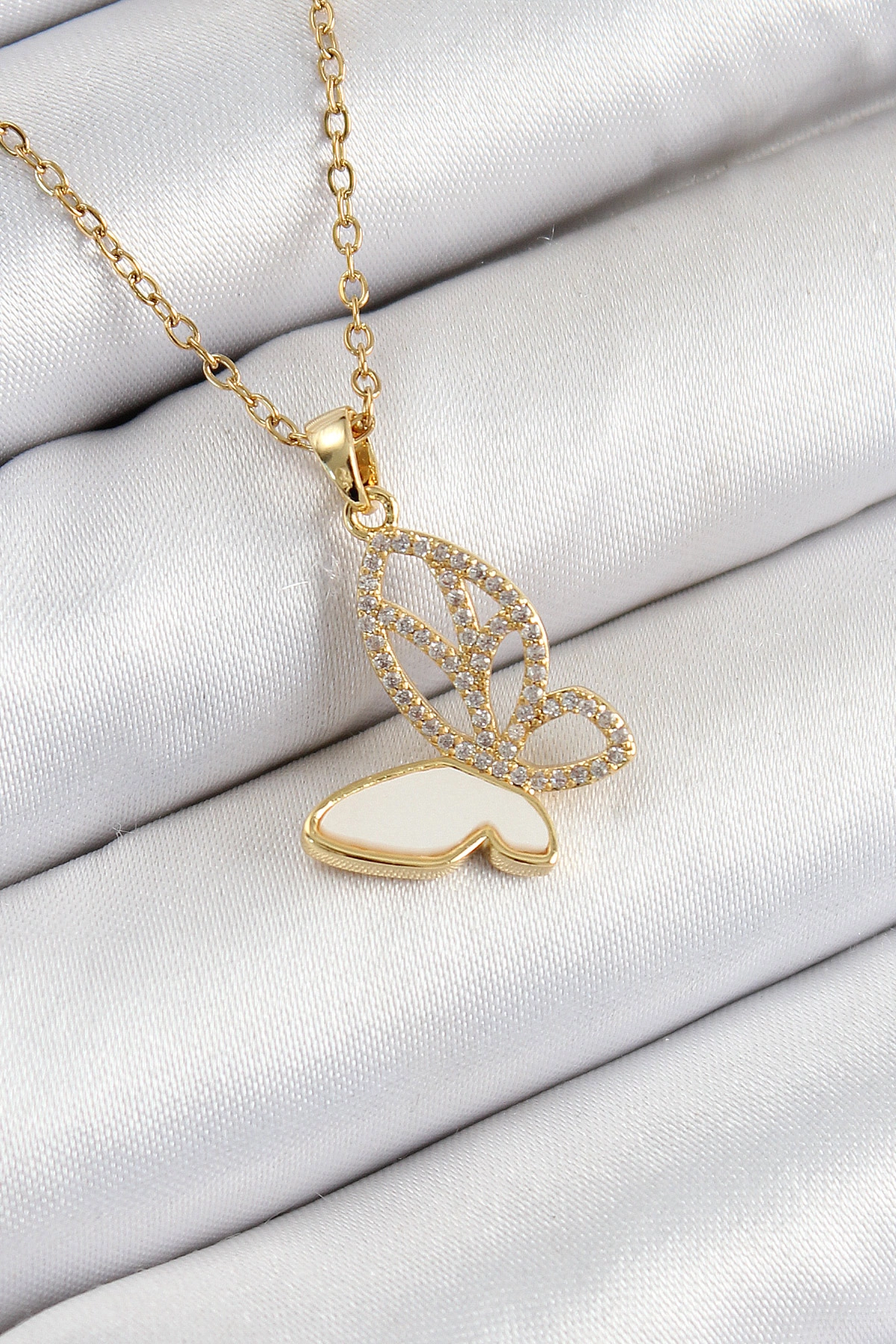 316L Çelik Zirkon Taşlı Kelebek Model Gold Renk Kadın Kolye