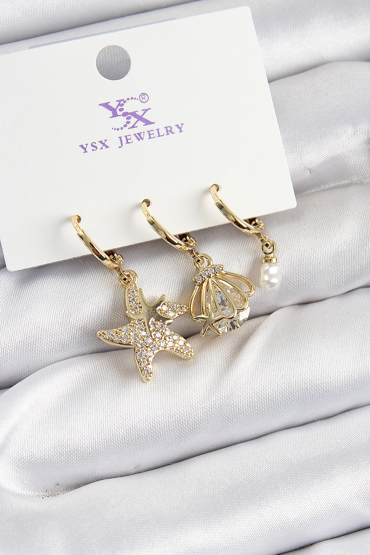 Pirinç Zİrkon Taşlı Deniz Yıldızı Ve İstiridye Model Gold Renk 3'lü Kadın Küpe