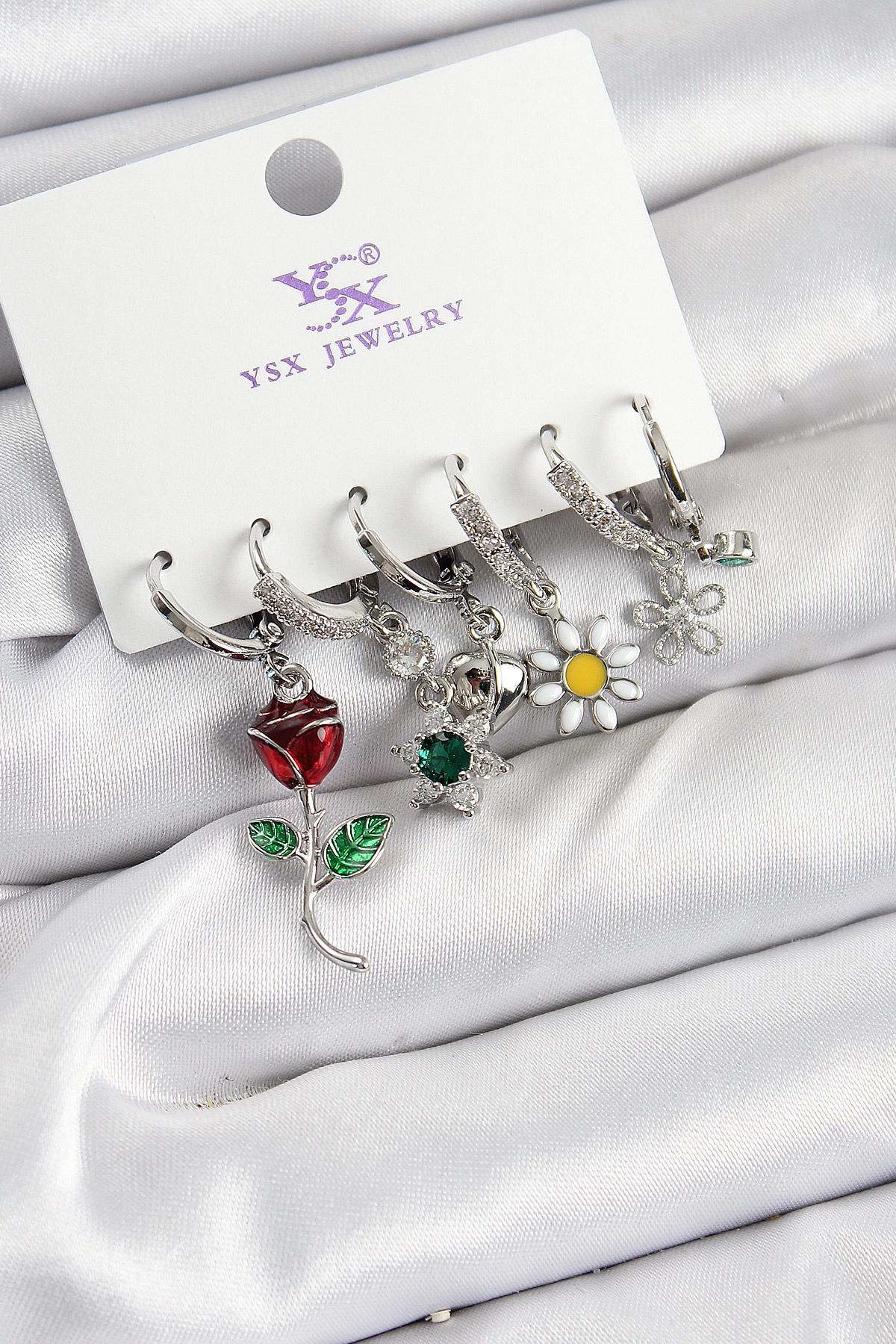 Pirinç Zİrkon Taşlı Gül Ve Papatya Model Gümüş Renk 3'lü Çift Kadın Küpe