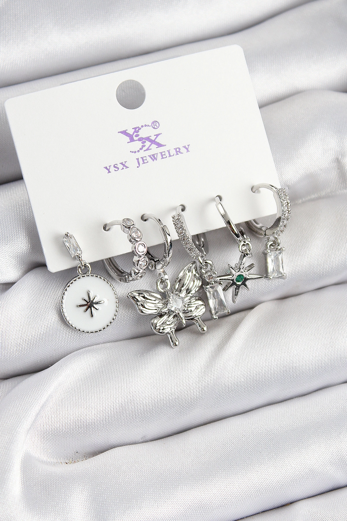 Pirinç Zİrkon Taşlı Kelebek ve Yıldız Model Gümüş Renk 3'lü Çift Kadın Küpe