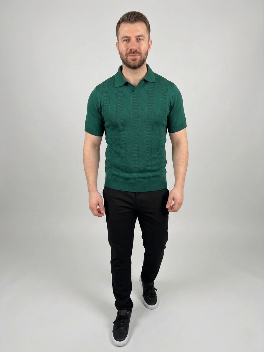 Erkek Yazlık Triko Dokuma Tişört Kısa Kol Polo Yaka T-Shirt - Koyu Yeşil