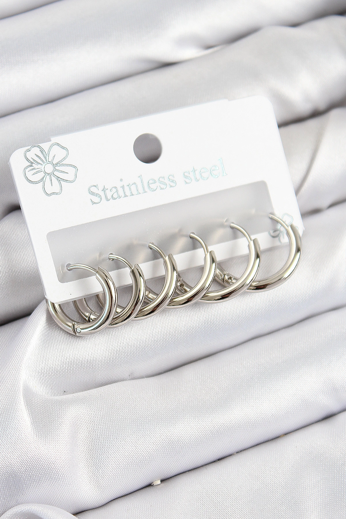 316L Çelik Halka Model Gümüş Renk 3'lü Set Kadın Küpe