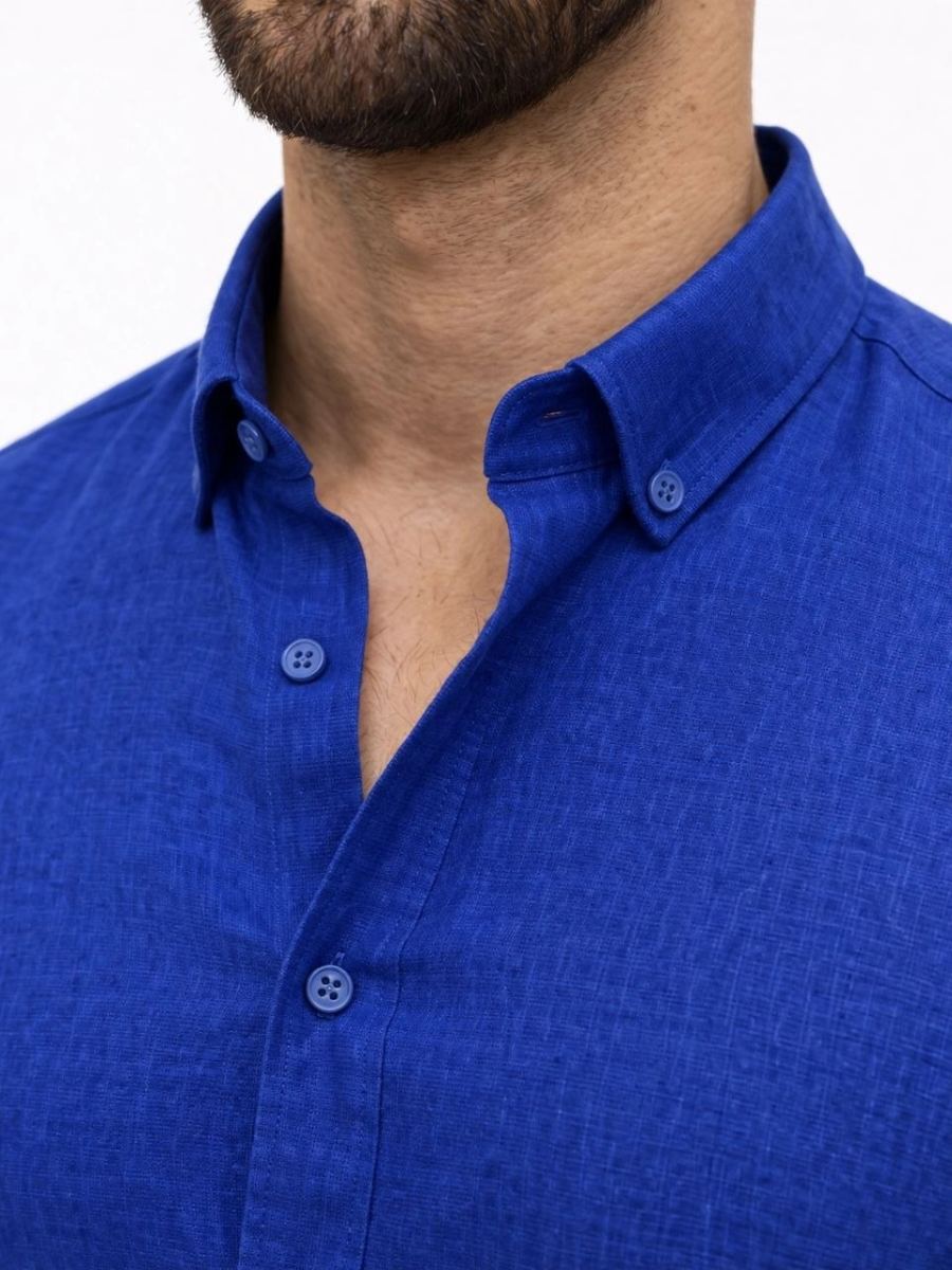 Erkek KETEN Kumaş Oversize Uzun Kollu Rahat Kalıp Gömlek - Saks Mavisi