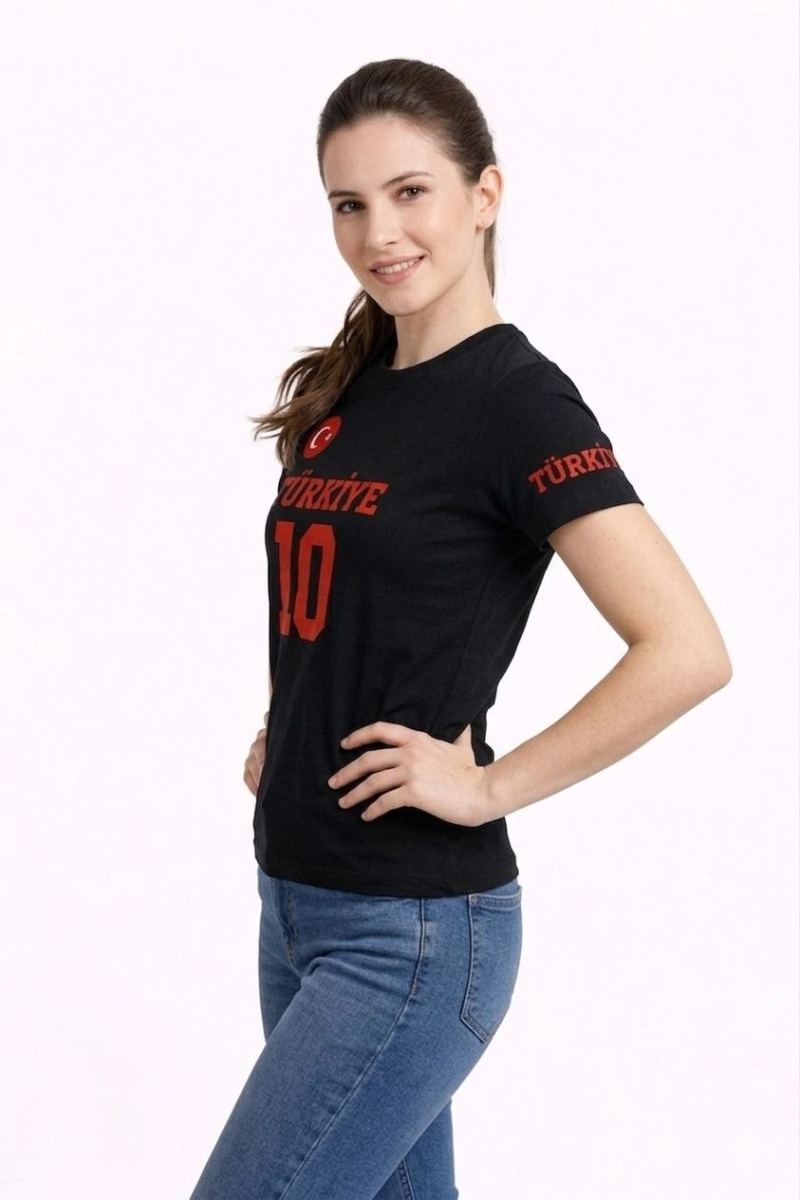Kadın TÜRKİYE Ay Yıldız Baskılı 10 Numara Forma Tişört Taraftar T-Shirt - Siyah