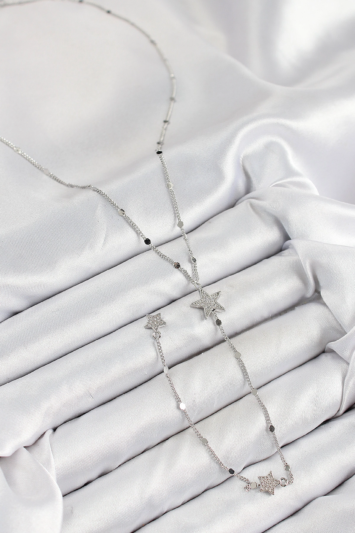 Pirinç Zirkon Taşlı Yıldız Model Gümüş Renk Y Kolye