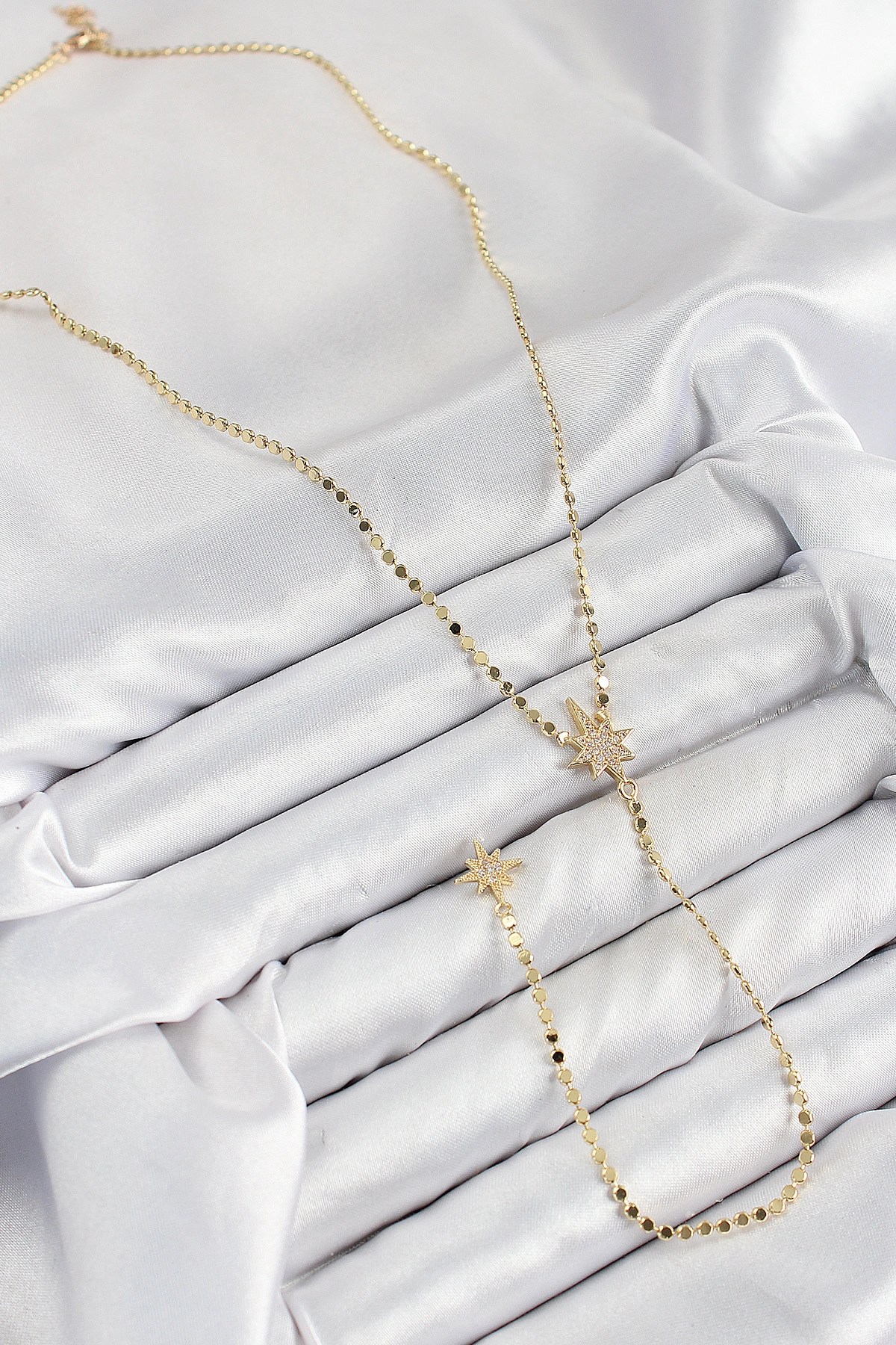 Pirinç Zirkon Taşlı Ezme Zincirli Kutup Yıldızı Model Gold Renk Y Kolye