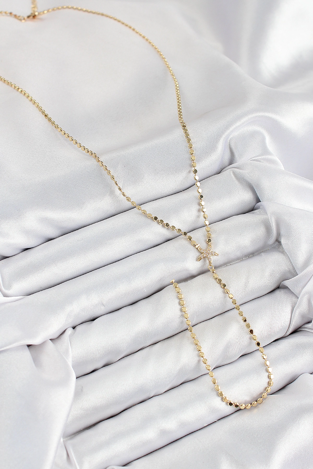 Pirinç Zirkon Taşlı Ezme Zincirli Deniz Yıldızı Model Gold Renk Y Kolye