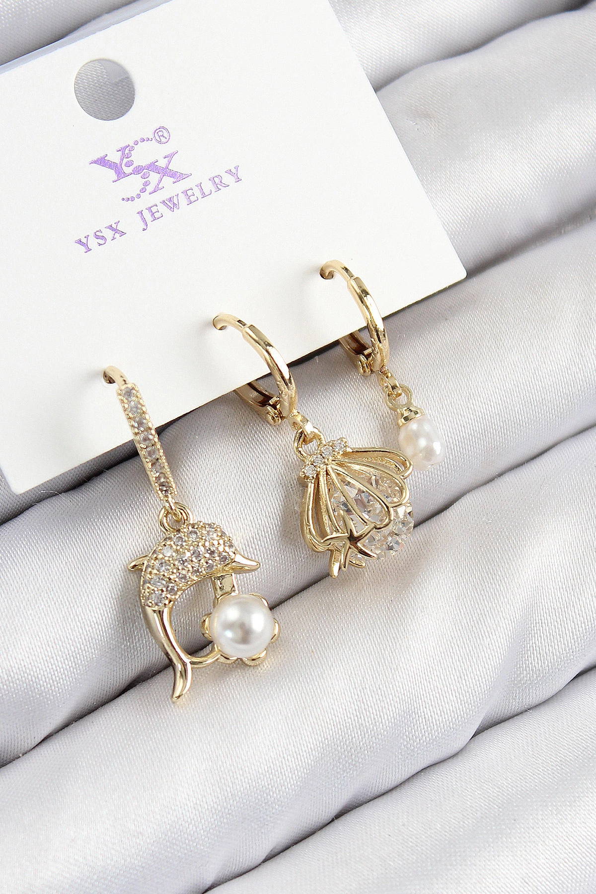 Pirinç Zirkon Taşlı 3'lü Yunus Balığı Ve İstiridye Model Gold Renk Kadın Küpe