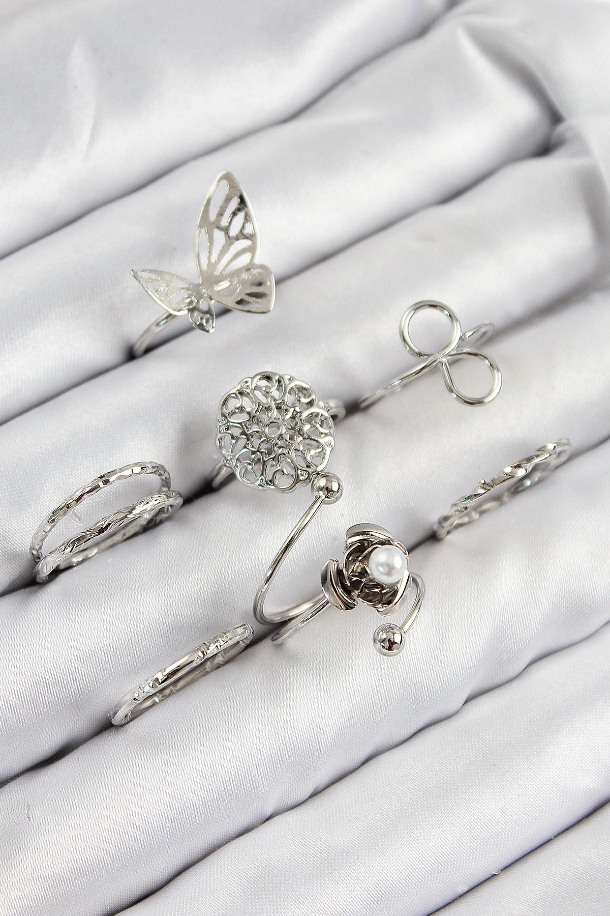 Pirinç Gül Kelebek Model Gümüş Renk Kadın Yüzük Kombin Set