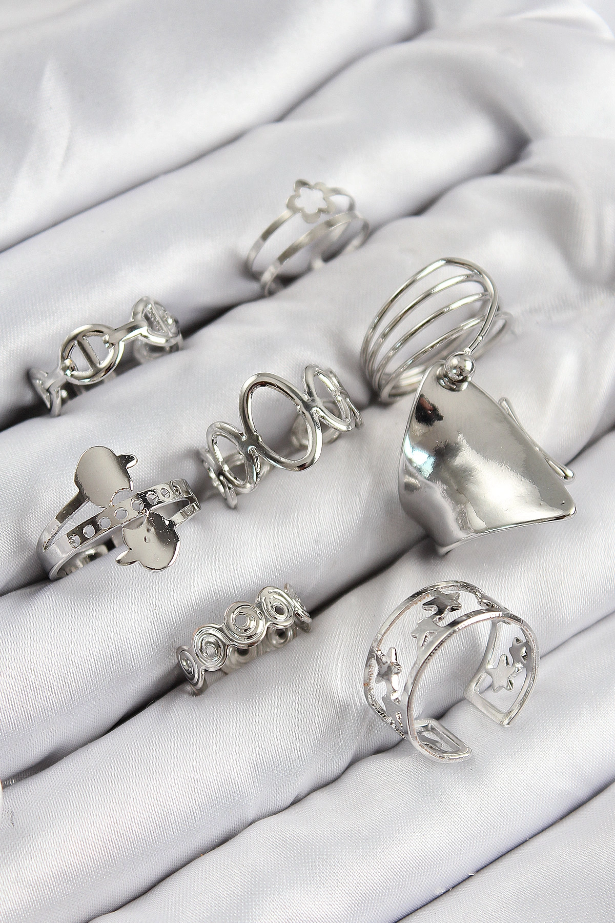 Pirinç Sarmal Ve Yıldız Model Gümüş Renk Kadın Yüzük Kombin Set