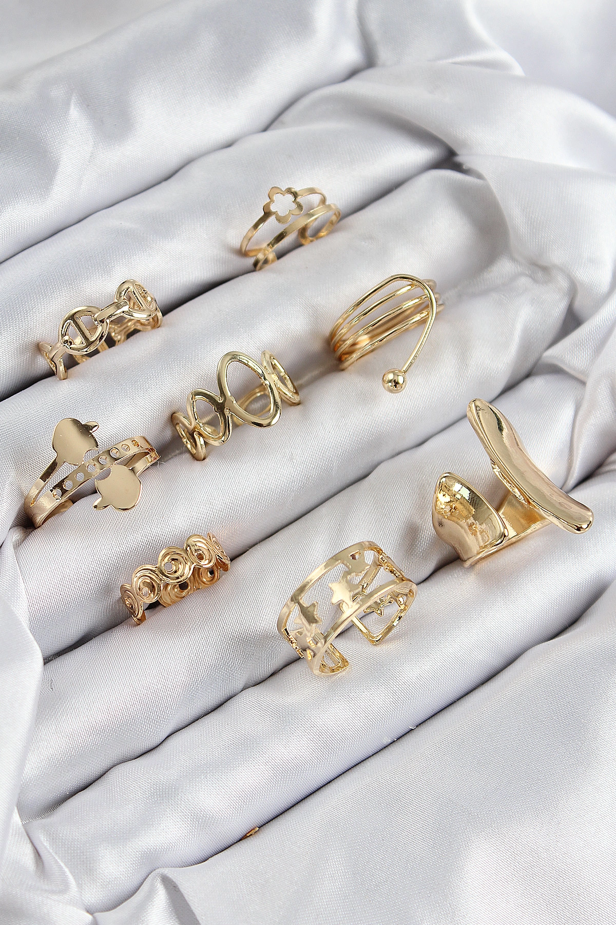 Pirinç Sarmal Ve Yıldız Model Gold Renk Kadın Yüzük Kombin Set