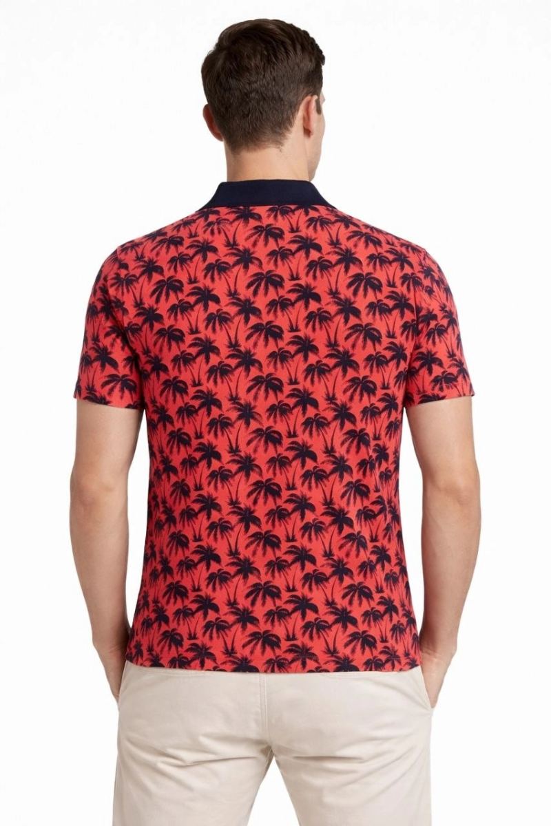 Erkek Pike Kumaş Polo Yaka Palmiye Desenli Tişört Kısa Kol Yazlık T-Shirt - Kırmızı