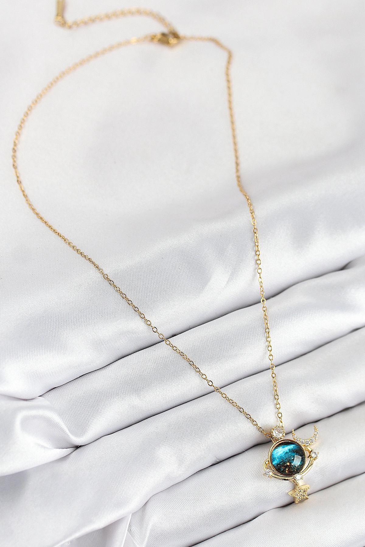 316L Çelik Zirkon Taşlı Gezegen Model Gold Renk Kadın Kolye