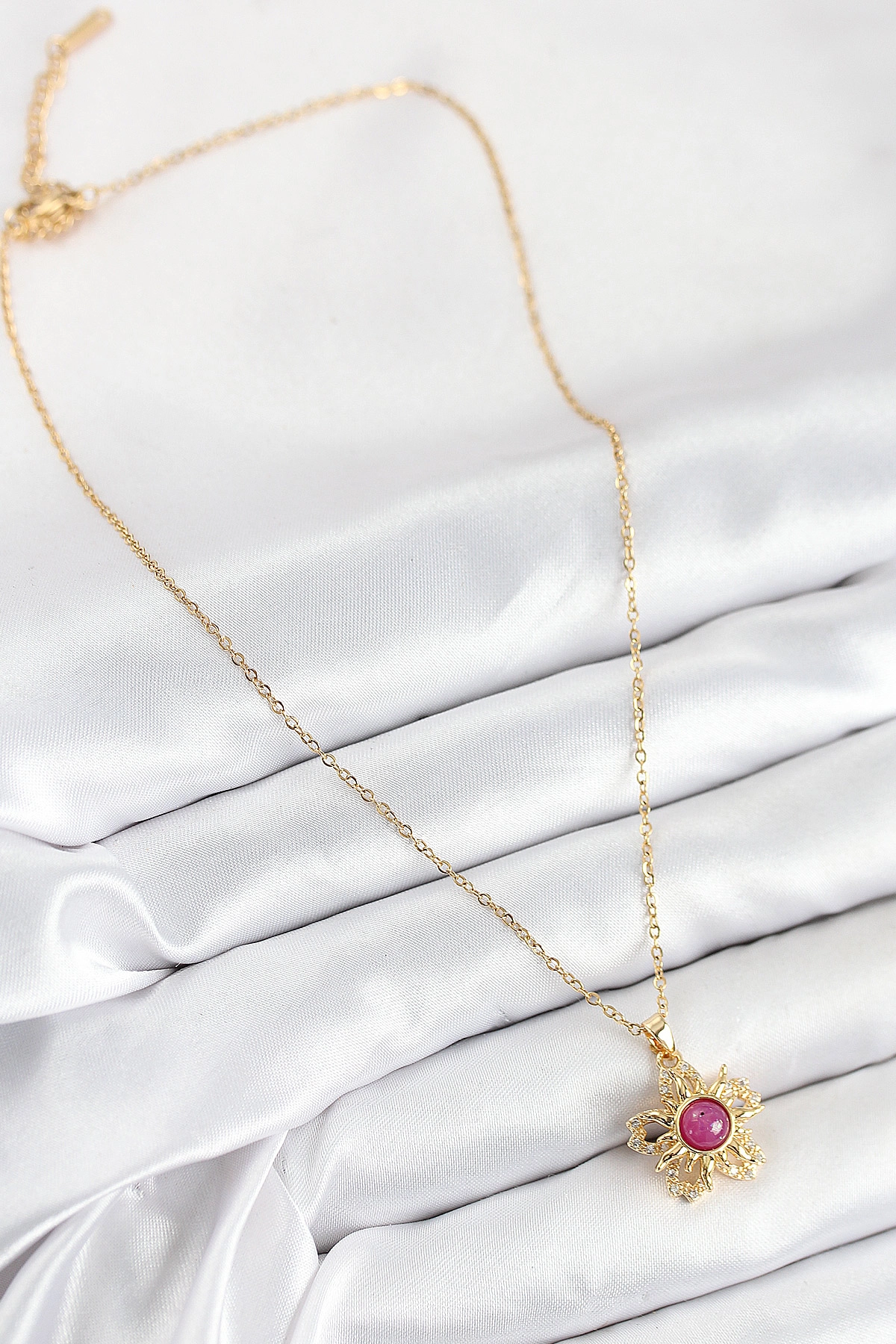 316L Çelik Zirkon Taşlı Döner Güneş Model Gold Renk Kadın Kolye