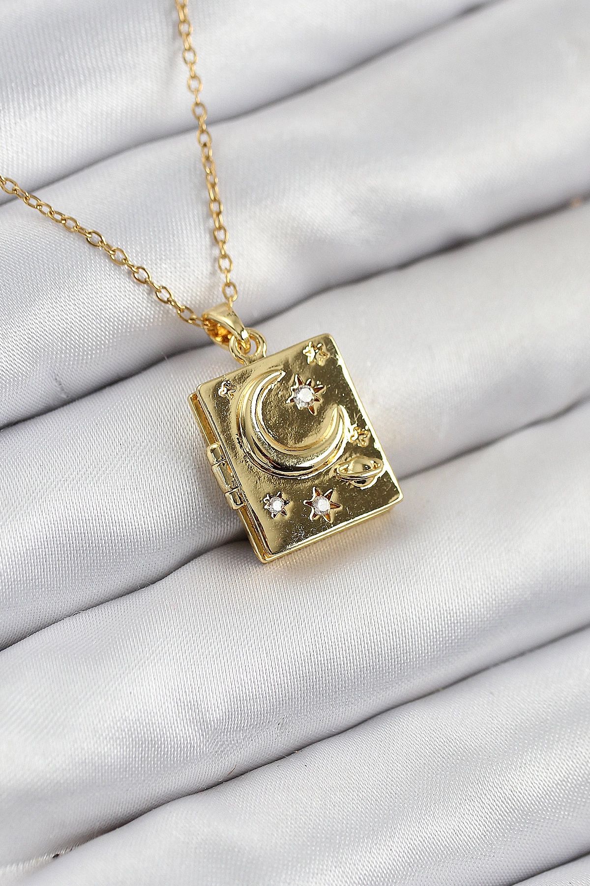 316L Çelik Zirkon Taşlı Açılabilr Kapaklı Kitap Model Gold Renk Kadın Kolye