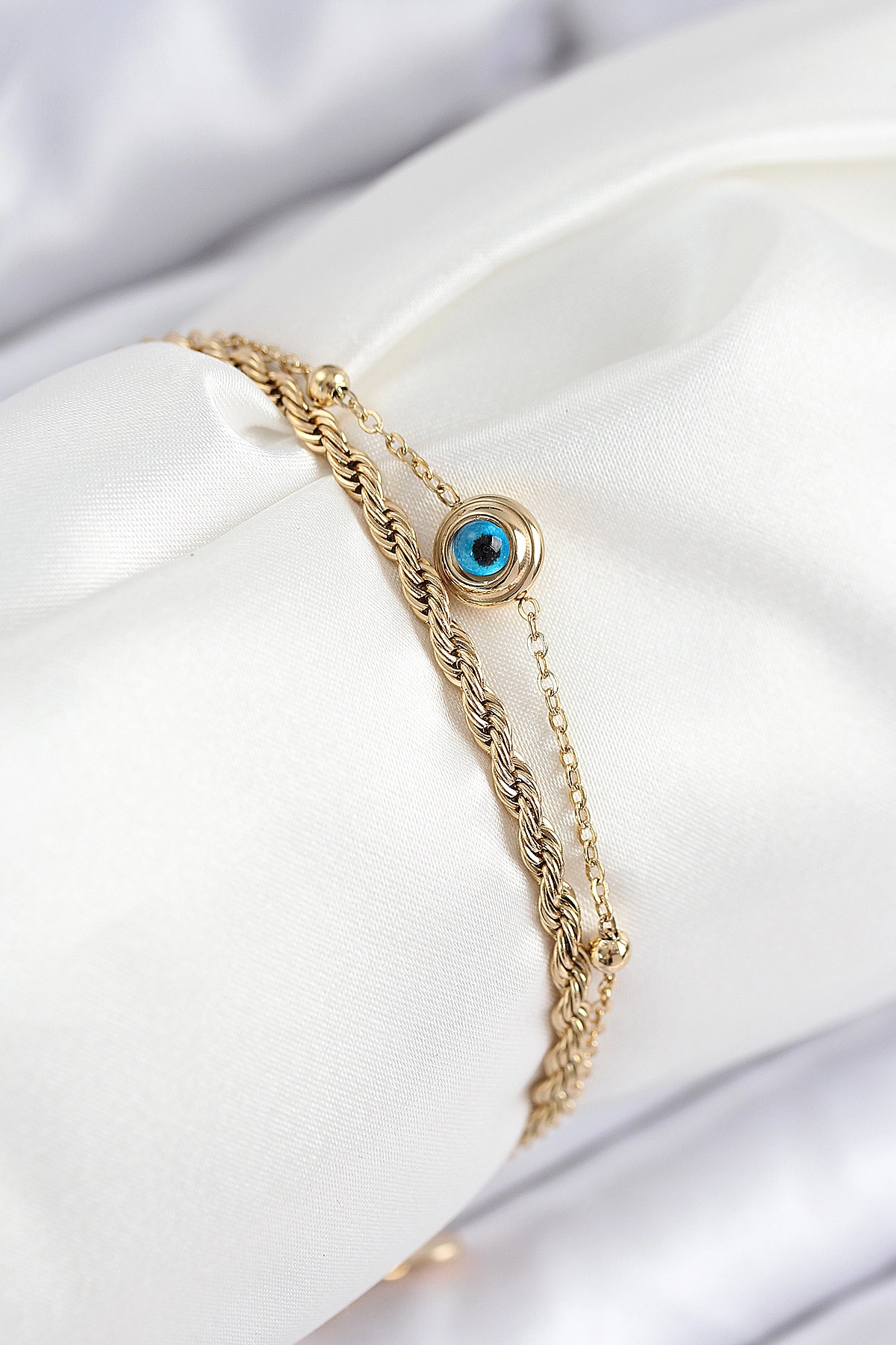 316L Çelik Nazar Boncuk Model Burgu Zincir Gold Renk Kadın Bileklik