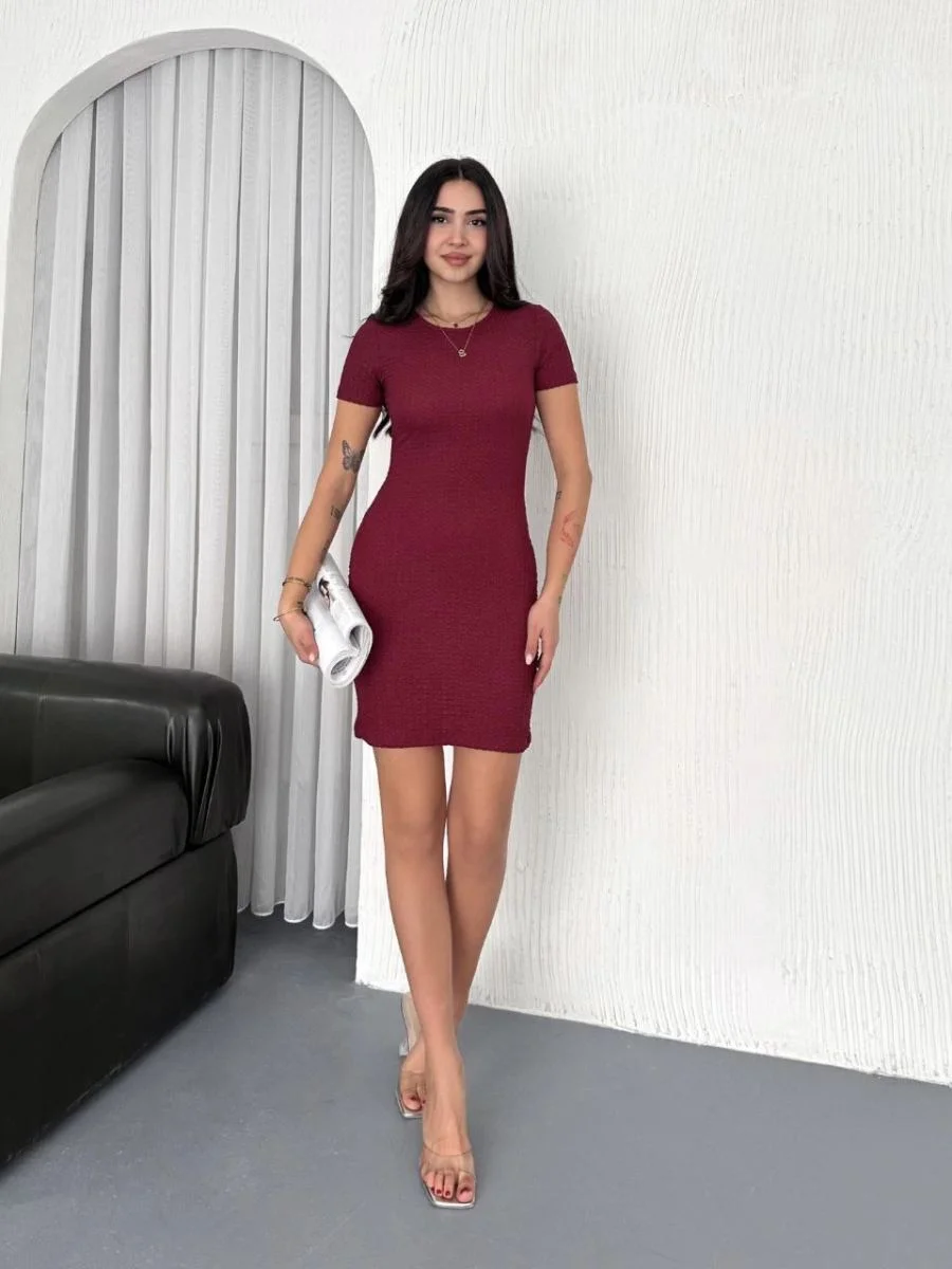 Kadın Bisiklet Yaka Kısa Kol Likralı Elbise - Bordo