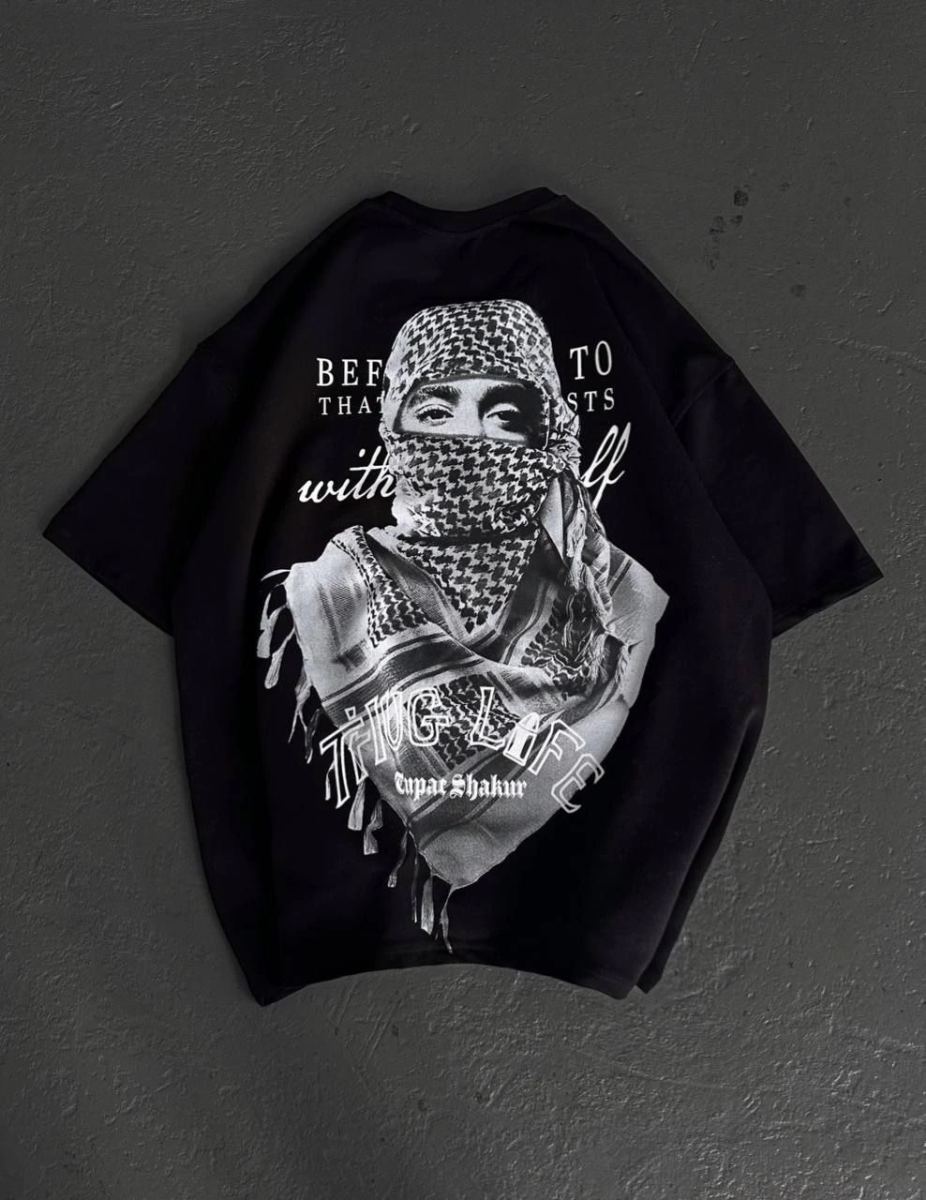 Kadın Kısa Kol Tişört Bisiklet Yaka Filistin Poşülü Baskılı T-Shirt - Siyah