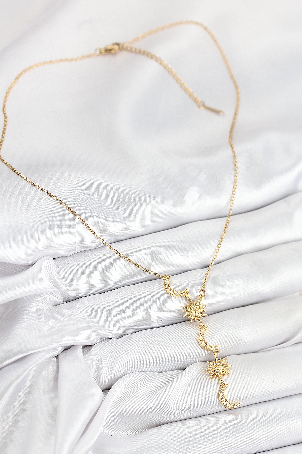 316L Çelik Zirkon Taşlı Güneş Ve Ay Model Gold Renk Kadın Kolye