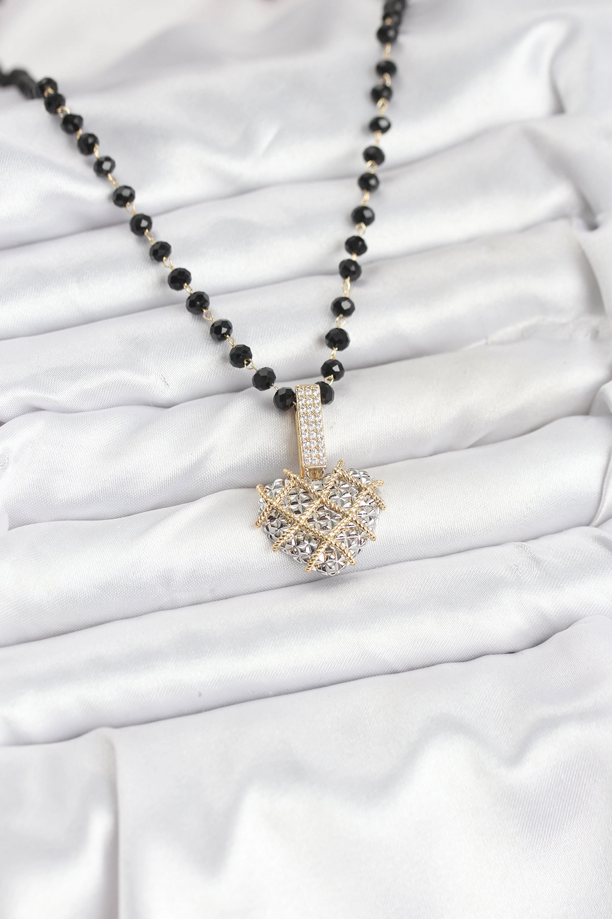 316L Çelik Zincir Kristal Boncuklu Kalpli Kadın Kolye