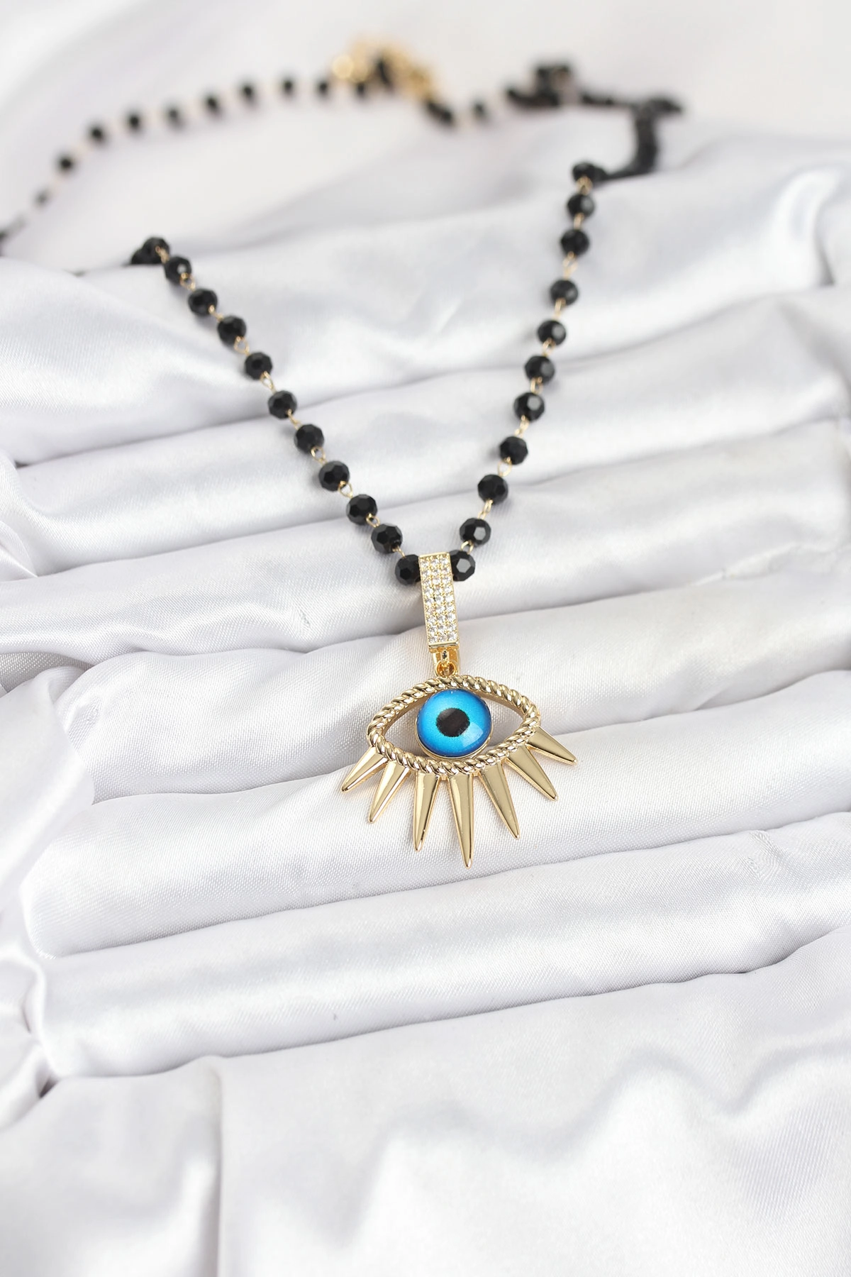 316L Çelik Zincir Kristal Boncuklu Göz Model Kadın Kolye